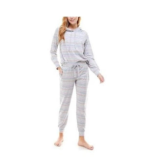 Roudelain Lounge Set Womens Size XL Gray Stripe Hooded Knit Pajamas Sleepwear