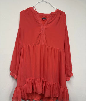 Vince Camuto Dress Womens Size L Red Chiffon Ruffle Swing Hi Low Long Sleeve
