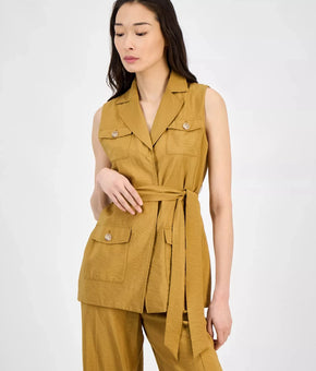 Anne Klein Sleeveless Tie-Waist Patch-Pocket Jacket Copper Brown Size L $129