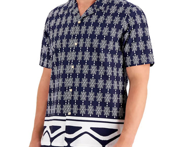 TASSO ELBA Men's Mediana Geometric-Print Cotton Shirt Navy Blue Size XL MSRP $55