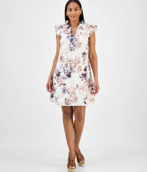 Robbie Bee Women's Printed Ruffle-Neck A-Line Dress Ivory Purple Size S $69