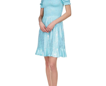 Michael Kors Foil-Print Smocked Peasant Dress Turquoise Blue Size L MSRP $125