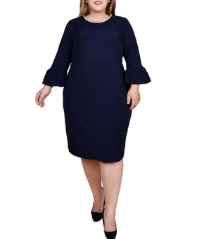 NY Collection Plus Size 3X Blue Navy 3/4 Length Imitation-Pearl Dress MSRP $60