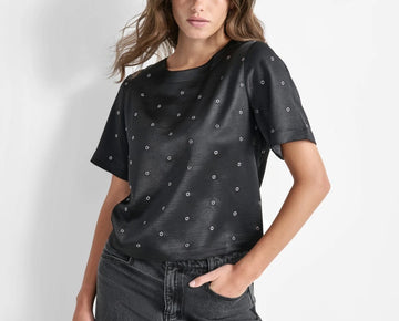 DKNY Women's Embellished Crewneck Short-Sleeve Blouse Black Size XS MSRP $99