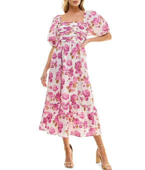 Crystal Doll Pink Juniors' Printed Pleat-Front Smocked-Back Dress Size L