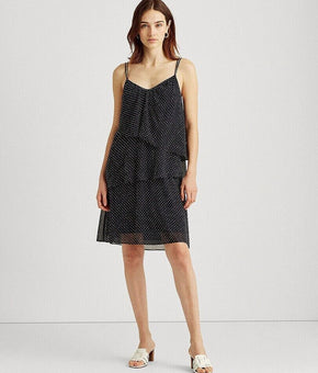 LAUREN Ralph Lauren womens Polka Dot Georgette Dress navy Size 14 MSRP $125
