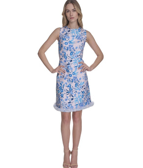 Eliza J Women's Tweed A-Line Floral-Pattern Dress Blue Size 8 MSRP $148
