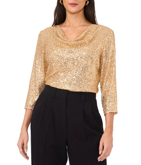 Vince Camuto Women's Sequined Cowlneck 3/4-Sleeve Top Gold Size XL MSRP $69