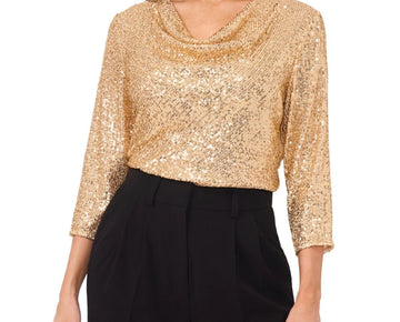 Vince Camuto Women's Sequined Cowlneck 3/4-Sleeve Top Gold Size XL MSRP $69