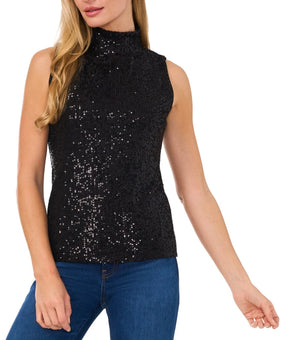 CeCe Women's Sequined Mock-Neck Sleeveless Top Black Size M MSRP $59