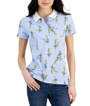 Nautica Jeans Women's Floral-Print Short-Sleeve Polo Shirt Blue Size M MSRP $45