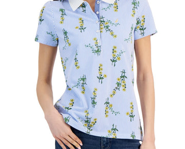 Nautica Jeans Women's Floral-Print Short-Sleeve Polo Shirt Blue Size M MSRP $45
