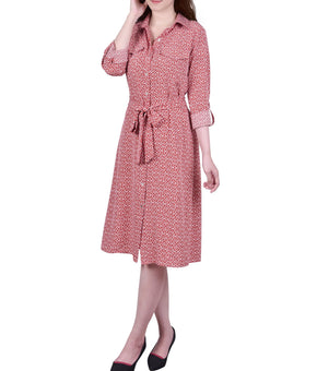 NY Collection 3/4 Roll Tab Sleeve Belted Shirtdress Size PS