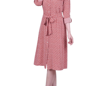 NY Collection 3/4 Roll Tab Sleeve Belted Shirtdress Size PS