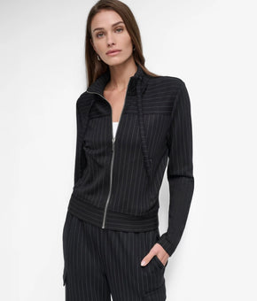 DKNY Women's Pinstripe Zip-Front Stand-Collar Jacket Black Size L MSRP $139