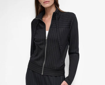DKNY Women's Pinstripe Zip-Front Stand-Collar Jacket Black Size L MSRP $139