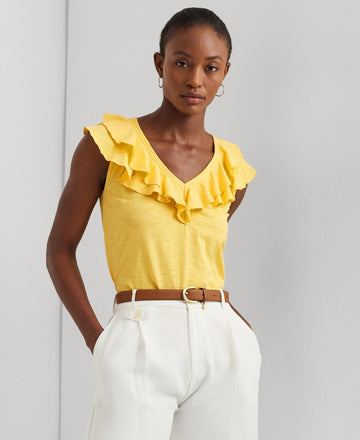 Lauren Ralph Lauren Women's Ruffled Sleeveless Tee Yellow Size S MSRP $90