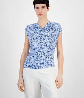 Anne Klein Blouse Womens Size S Blue Floral Print Cowl Neck Sleeveless Top $59