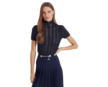 LAUREN Ralph Lauren Pointelle Short Sleeve Turtleneck (French Navy) Size M $145