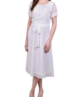 NY Collection Short Sleeve Belted Swiss Dot Dress White Petite Size PL $54
