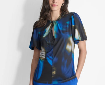 DKNY Women's Short-Sleeve Twist-Neck Blouse Blue Size S MSRP $59