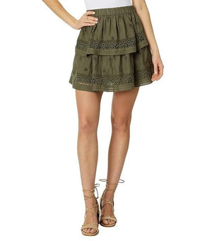 Lucky Brand Women Cotton Schiffly Embroidered Mini Skirt Olive Green Size L $90