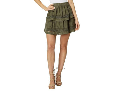 Lucky Brand Women Cotton Schiffly Embroidered Mini Skirt Olive Green Size L $90