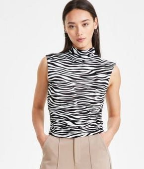 Bar III Petite Animal-Print Side-Ruche Sam Zebra Size PXS Black