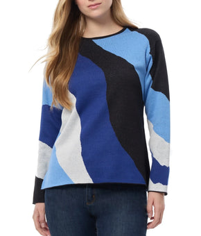 Jones New York Petite Wave Intarsia Crewneck Sweater Size PM Blue Black $100
