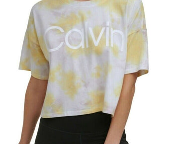Calvin Klein Performance Cropped Tie-Dyed T-Shirt Gray Yellow Size L MSRP $45