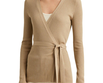 LAUREN RALPH LAUREN Beige Ribbed Surplice Neckline Wrap Cardigan Size S MSRP$225