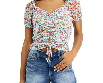 Crave Fame Juniors' Printed Ruched Mesh Top Womens blue Size XS MSRP $29