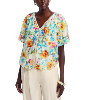 T Tahari linen Floral-Print Embroidered V-Neck Blouse White Size S MSRP $88