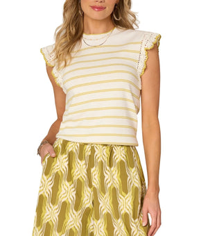 Democracy Women's Striped Crochet Flutter-Sleeve Sweater Top Ivory Size S $68