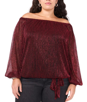 Vince Camuto Plus Size 1X Metallic Off-The-Shoulder Tie-Front Bouse Red MSRP $89