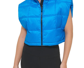 Calvin Klein Women's Cropped Mock-Neck Zip-up Vest Blue Size L MSRP $80