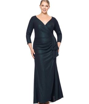 XSCAPE Metallic-Threaded Gathered-Waist Dress Green Plus Size 18W MSRP $269