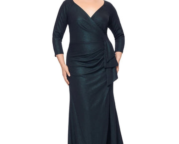XSCAPE Metallic-Threaded Gathered-Waist Dress Green Plus Size 18W MSRP $269