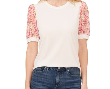 CeCe Women's Floral Mixed Media Crewneck Knit Top Pink Ivory Size S MSRP $59