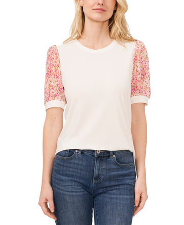 CeCe Women's Floral Mixed Media Crewneck Knit Top Pink Ivory Size S MSRP $59