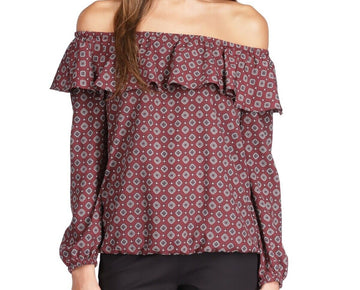Michael Kors Printed Ruffled Off-The-Shoulder Top Red Wine Size XS MSRP $88