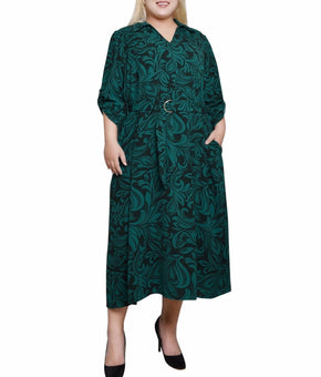 NY Collection Plus Size 1X Roll Tab Sleeve Belted Dress Green MSRP $60