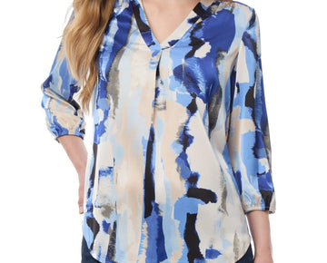 Jones New York Petite Printed Blouson-Sleeve V-Neck Blouse Blue Size PXL MSRP$70
