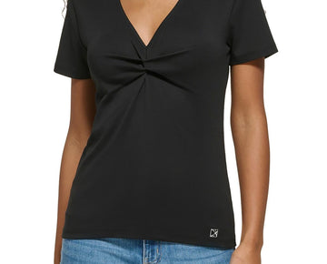 Calvin Klein Womens Twisted V-Neck Pullover Top Black Size S MSRP $39