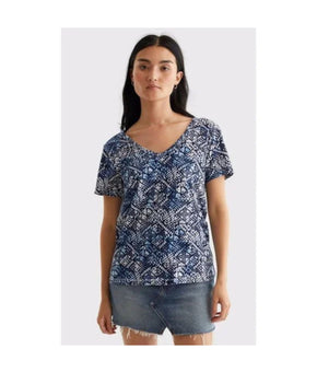 LUCKY BRAND Womens Blue White Printed Short Sleeve V Neck T-Shirt Size M