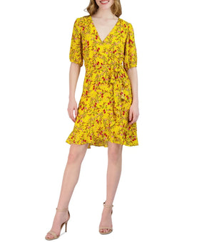 julia jordan Women's Printed Faux-Wrap Tie-Waist Dress Yellow Size 10 MSRP $109