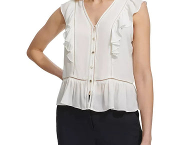 Tommy Hilfiger Womens Ruffled Ladder-Trim Blouse Natural Size L White MSRP $59
