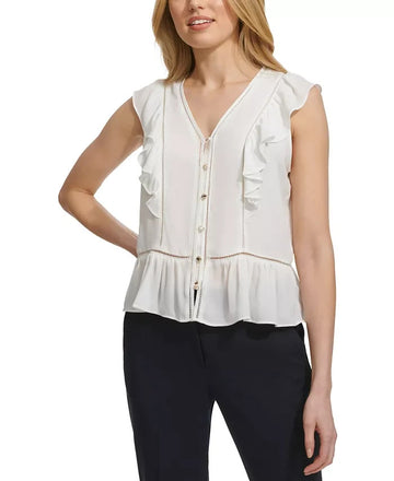 Tommy Hilfiger Womens Ruffled Ladder-Trim Blouse Natural Size L White MSRP $59