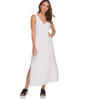 DKNY Linen V-Neck Maxi Dress White Size XS MSRP $115