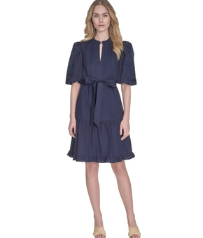 Vince Camuto Women's Split-Neck Elbow-Sleeve Cotton Dress Navy Blue Size 4 $168
